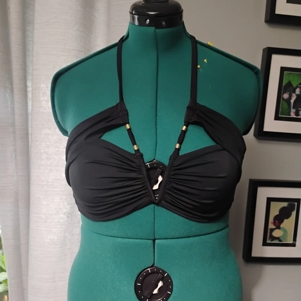 Marie Meili Black & Gold Adjustable Triangle Halter Swim Top Sz M NWOT
